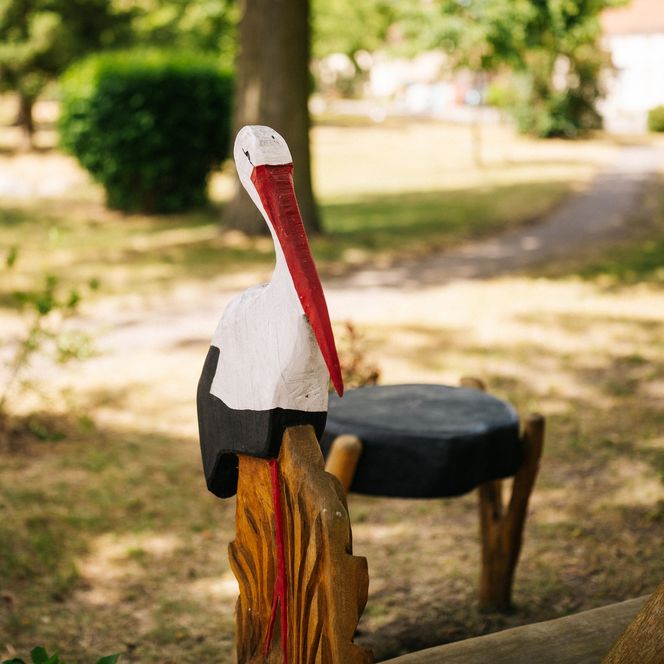 Storch an der Bank "Blick zum Storchennest" in Pausin