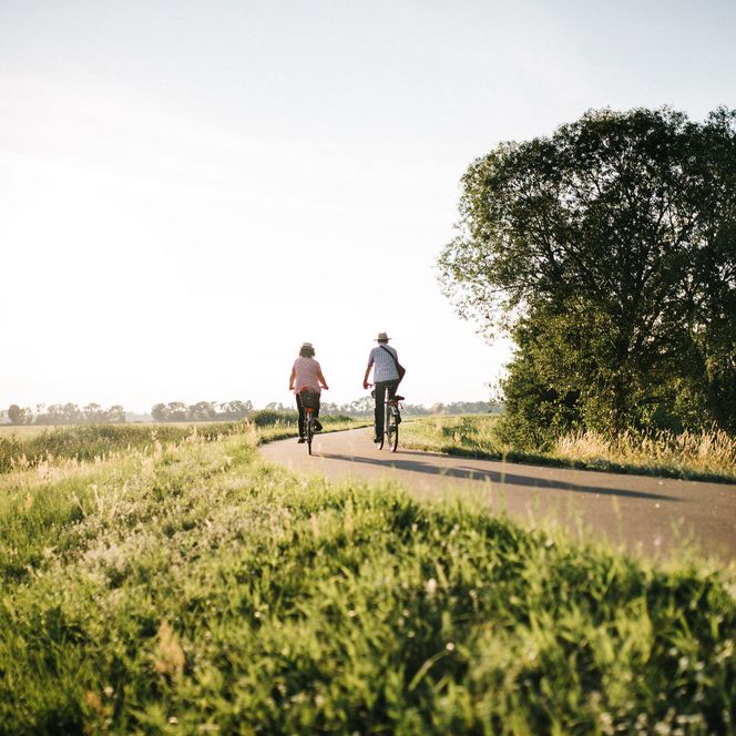 Paar auf Fahrrädern unterwegs auf einem Radweg im Havelland